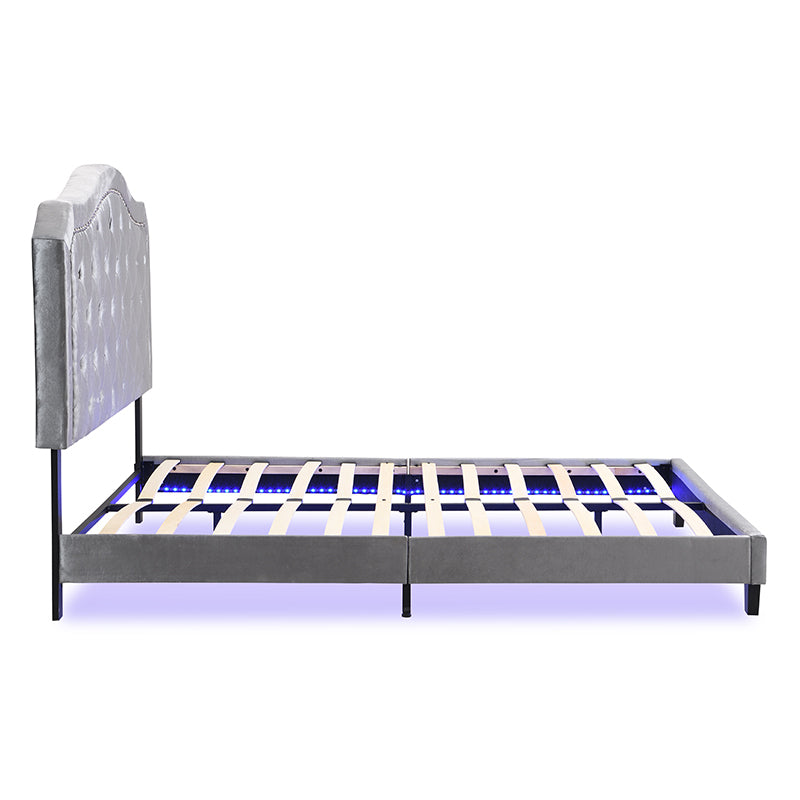 Upholstered Bed Button Tufted with Curve Design - Strong Wood Slat Support - Easy Assembly - Light Grey Velvet - With LED light-platform bed - Queen