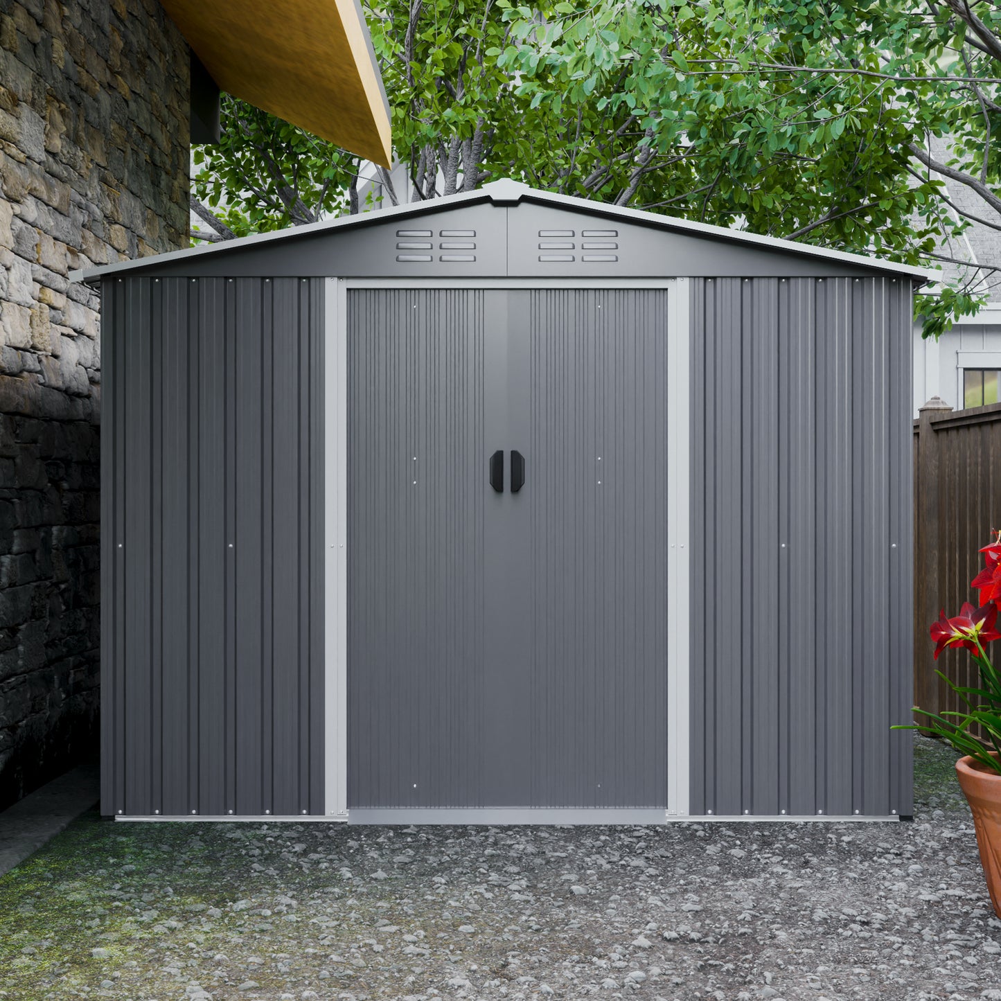 8x6 FT Outdoor Tool Storage Shed with Metal Foundation & Lockable Doors,  All Weather Metal Sheds for Garden, Patio, Backyard, Lawn, Gray