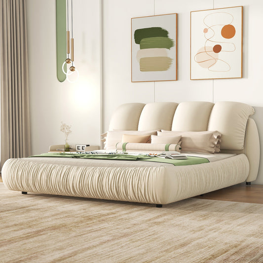 King Size Luxury Upholstered Bed with Thick Headboard, Velvet King Bed with Oversized Padded Backrest, Beige(Expect Arrive date 2024/3/12)