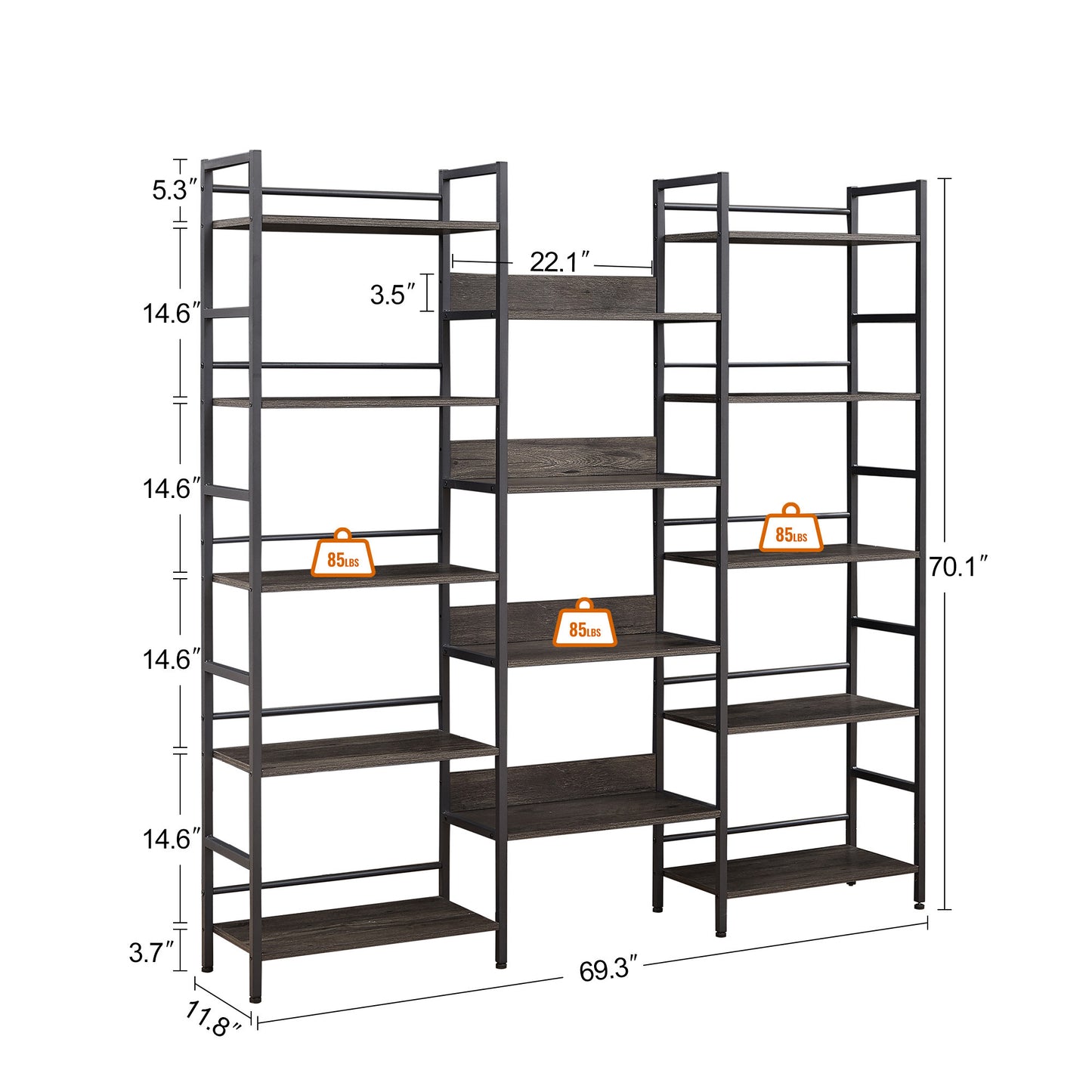 Triple Wide 5-shelf Bookshelves Industrial Retro Wooden Style Home and Office Large Open Bookshelves, Dark Grey, 69.3"W x 11.8"D x 70.1"H