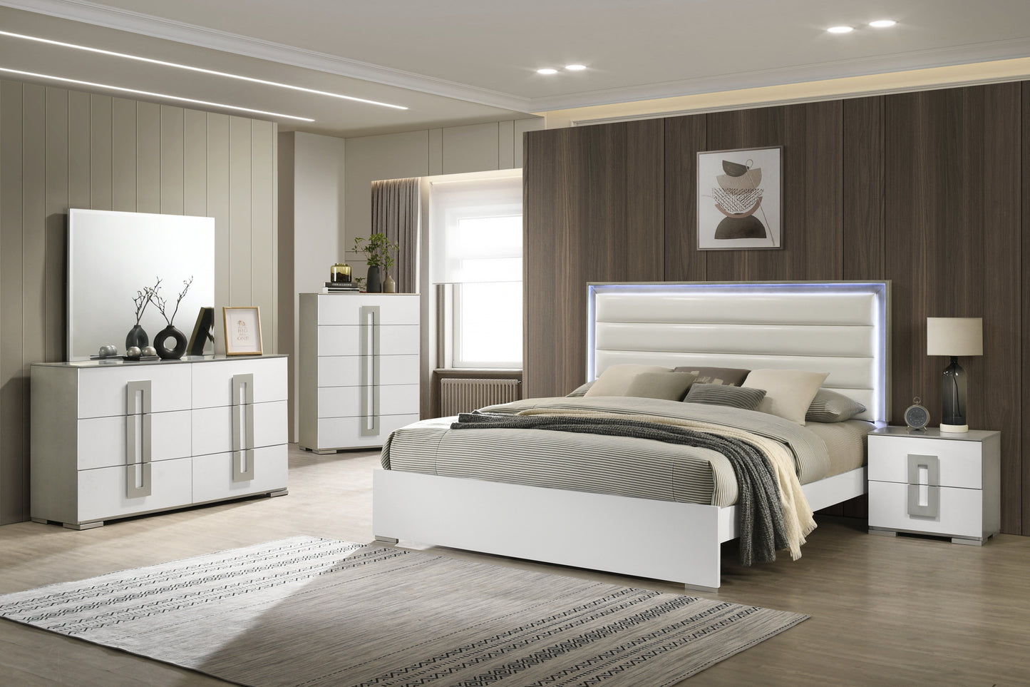 Olivia Contemporary Style Full Bed Made with LED Headboard & Wood in White