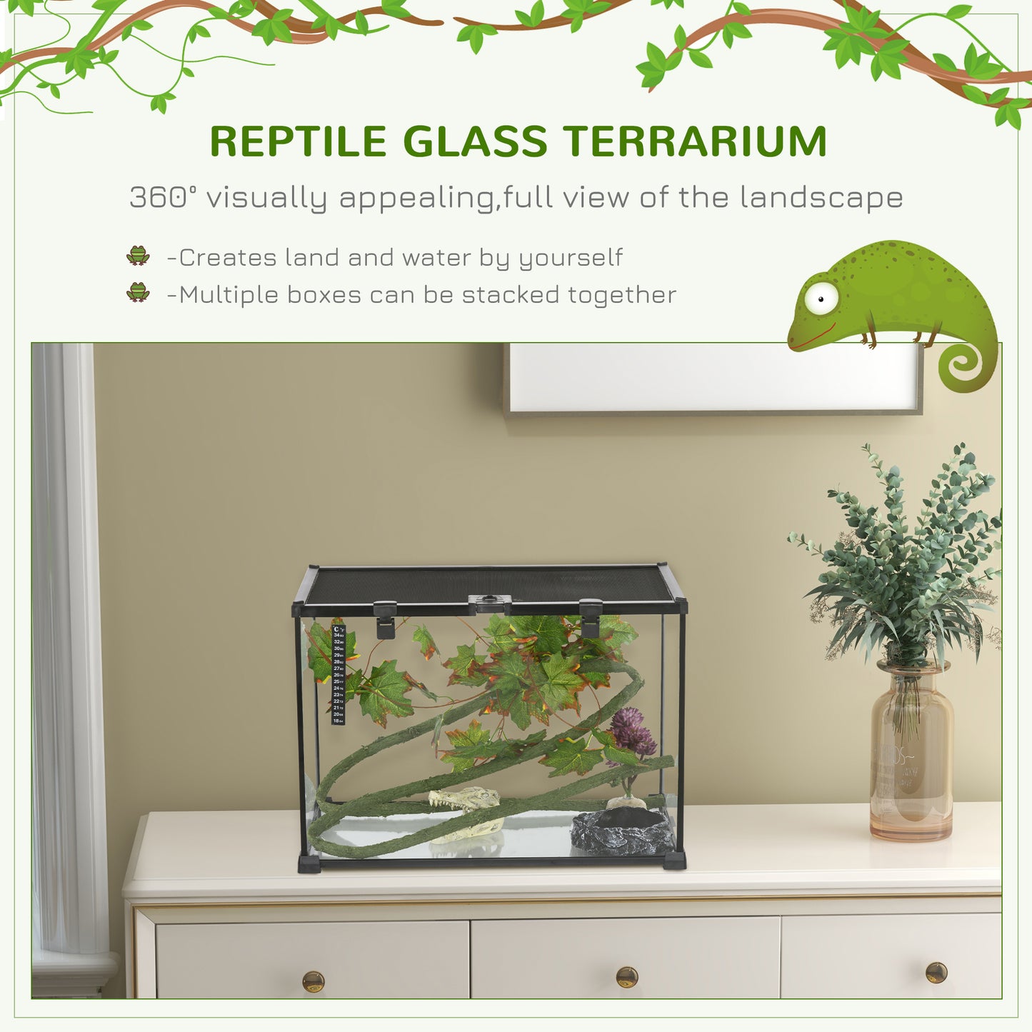 PawHut 14 Gallon Reptile Glass Terrarium Tank with Decor Kit, Breeding Box Full View with Visually Appealing Sliding Screen Top for Lizards, Frogs, Snakes, Spiders, 20" x 12" x 14", Black