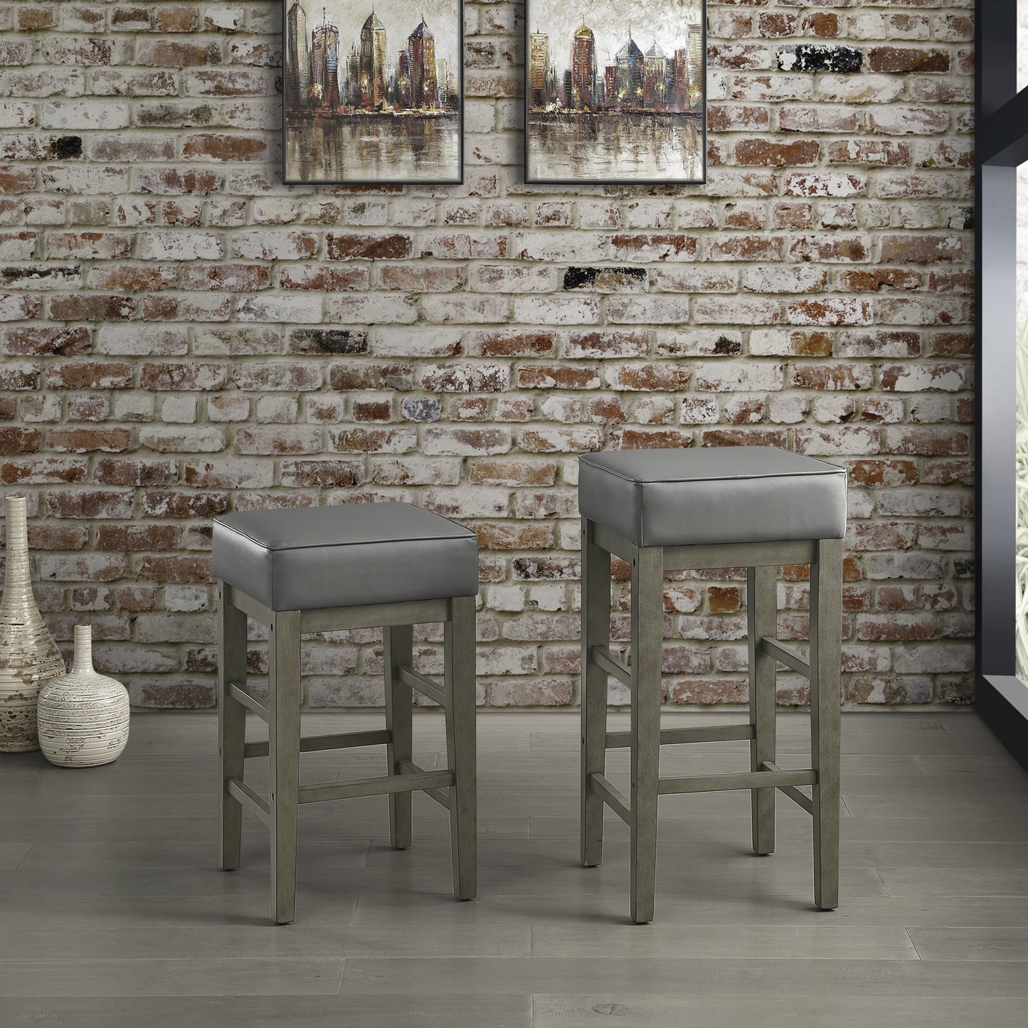 Transitional Gray Faux Leather Seat 24-inch Counter Height Stools Set of 2, Antique Gray Finish Solid Wood Frame