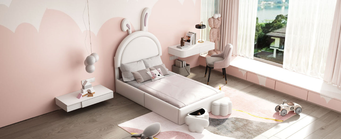 Twin size Upholstered Rabbit-Shape Bed with 2 Storage Stools, Velvet Platform Bed with Cartoon Ears Shaped Headboard, White