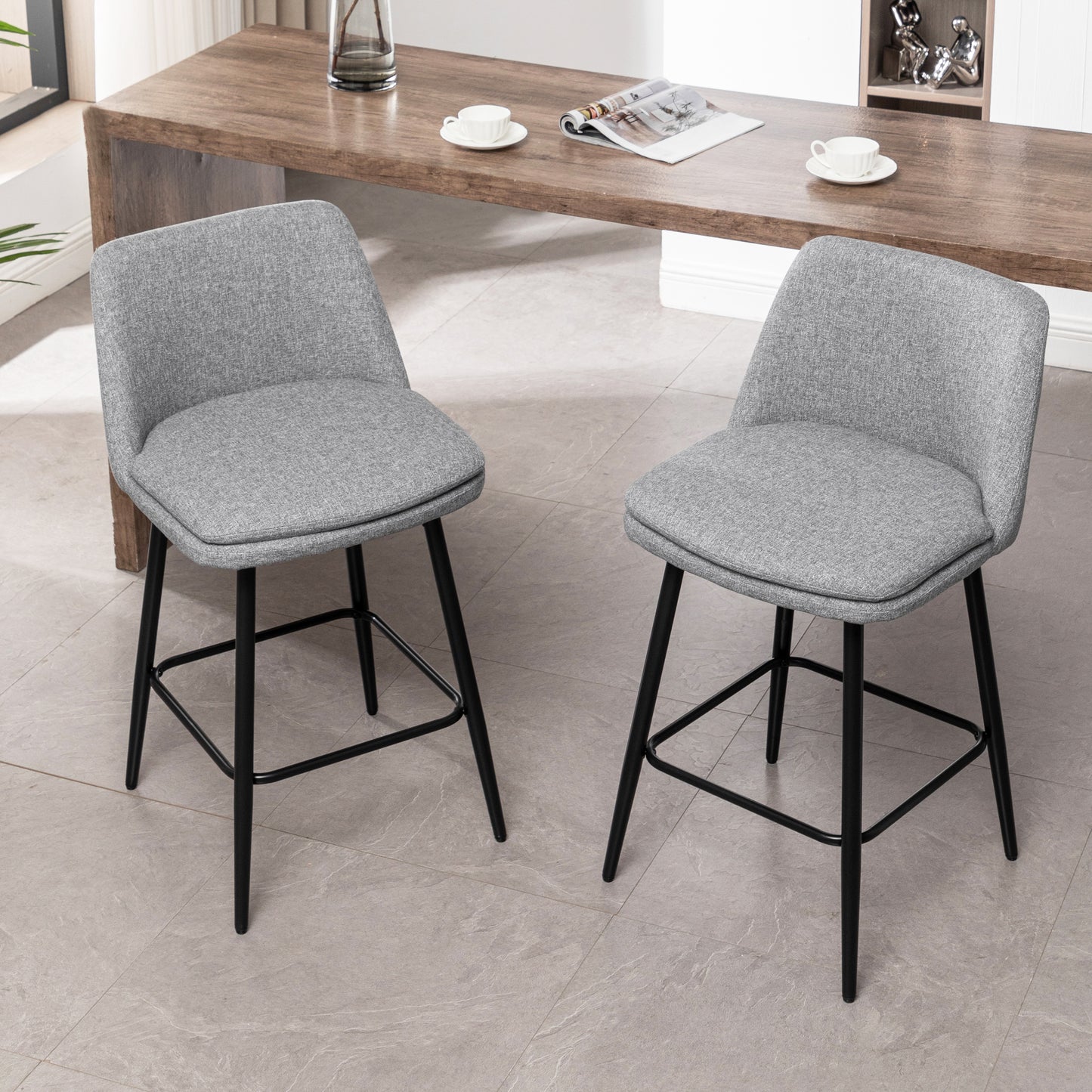 Counter Height Swivel Bar Stools Set of 2, 360° Swivel Upholstered Barstools with Back and Metal Legs, 25.6" Seat Height,Counter Stools for Kitchen Island and Pub,Linen Cloth,Grey