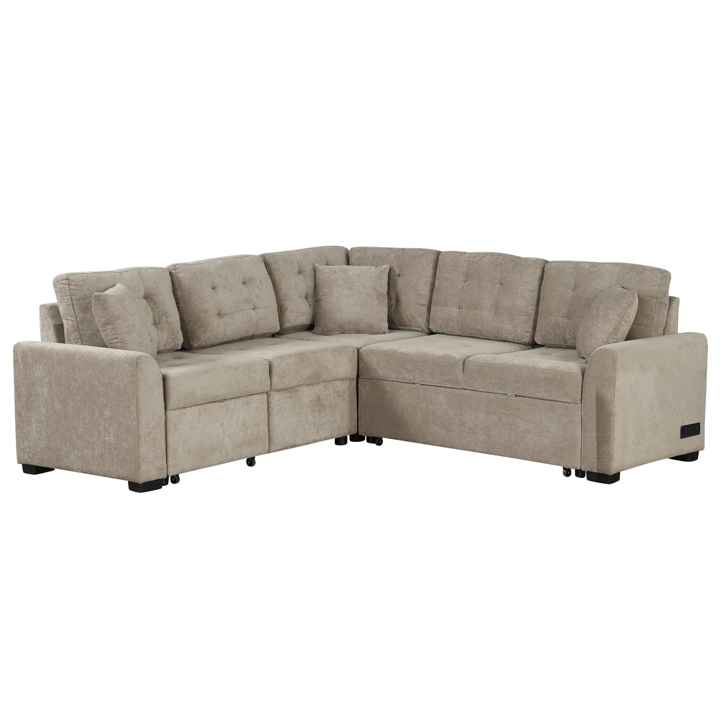 82.6" L-shape Sofa Bed Pull-out Sleeper Sofa with Wheels, USB Ports, Power Sockets for Living Room (SG001230AA), Khaki