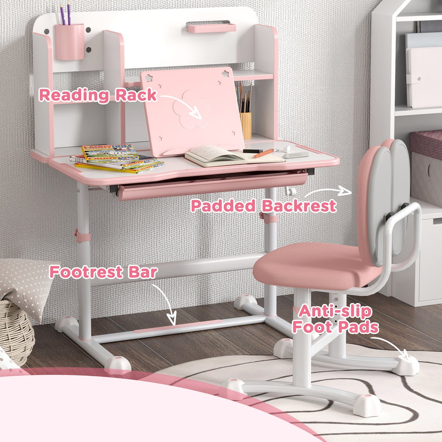 Qaba Kids Desk and Chair Set, Height Adjustable Kids School Study Desk and Chair Set with Tilt Desktop, Storage Drawer and Reading Rack for Writing, Reading and Drawing, Pink
