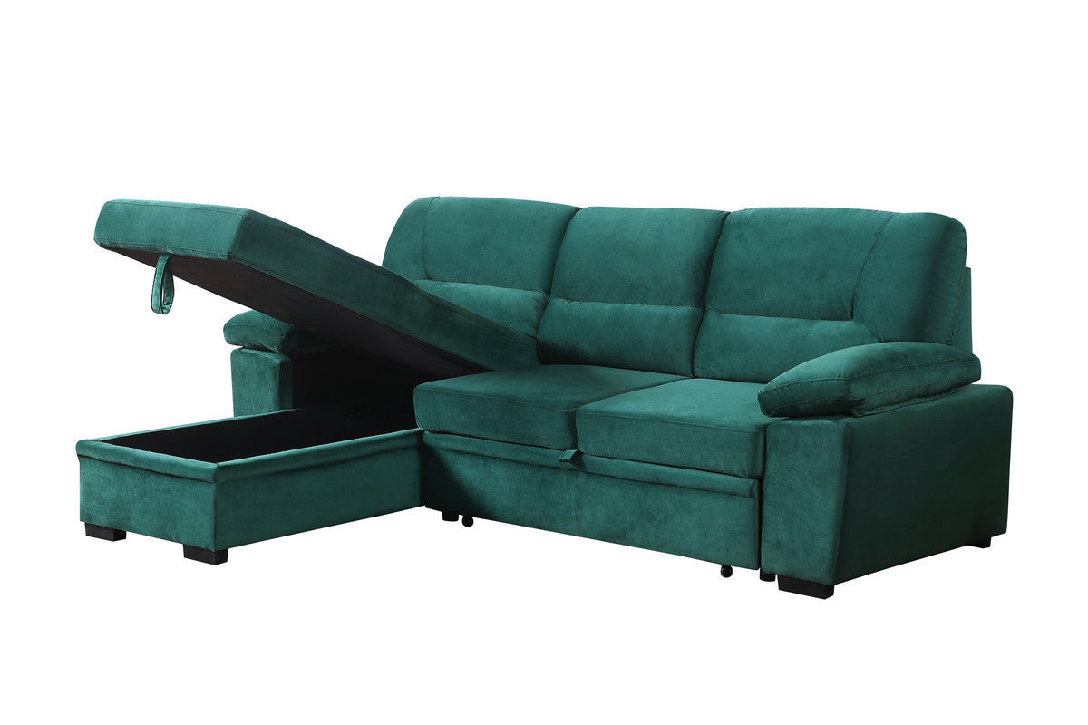 Kipling 97.5" Green Velvet Fabric Reversible Sleeper Sectional Sofa Chaise