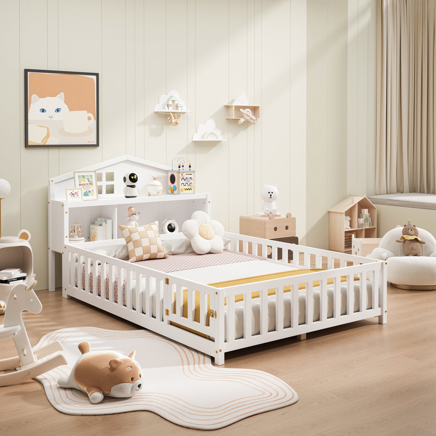 Full-size Montessori Floor Bed with Bookcases and Blackboards, Versatile Platform Beds with Guard rails, Solid Wood Floor Beds with Storage Headboards, Floor Beds for Kids and Teens White