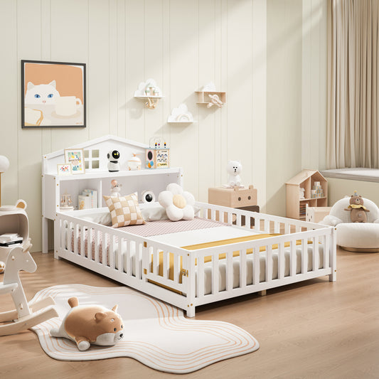 Full-size Montessori Floor Bed with Bookcases and Blackboards, Versatile Platform Beds with Guard rails, Solid Wood Floor Beds with Storage Headboards, Floor Beds for Kids and Teens White