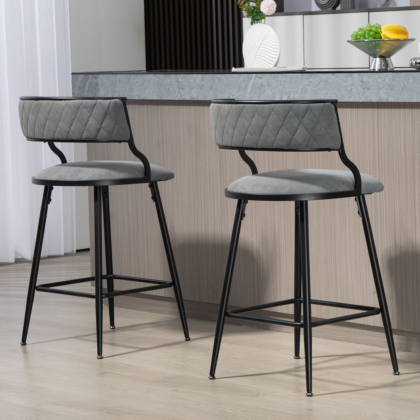 26'' Counter height bar stools PU cover kitchen island counter bar stool with black powder coating base and footrest(Grey)