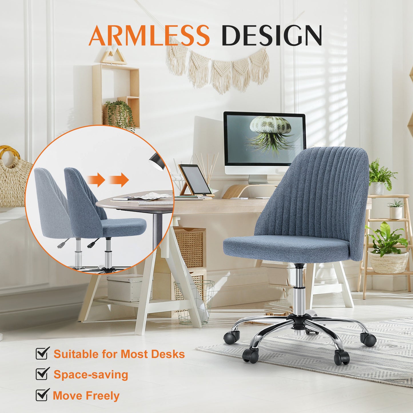 Sweetcrispy Armless Home Office  Desk Chair with Wheels Adjustable Swivel Task Computer Vanity Chair for Small Spaces