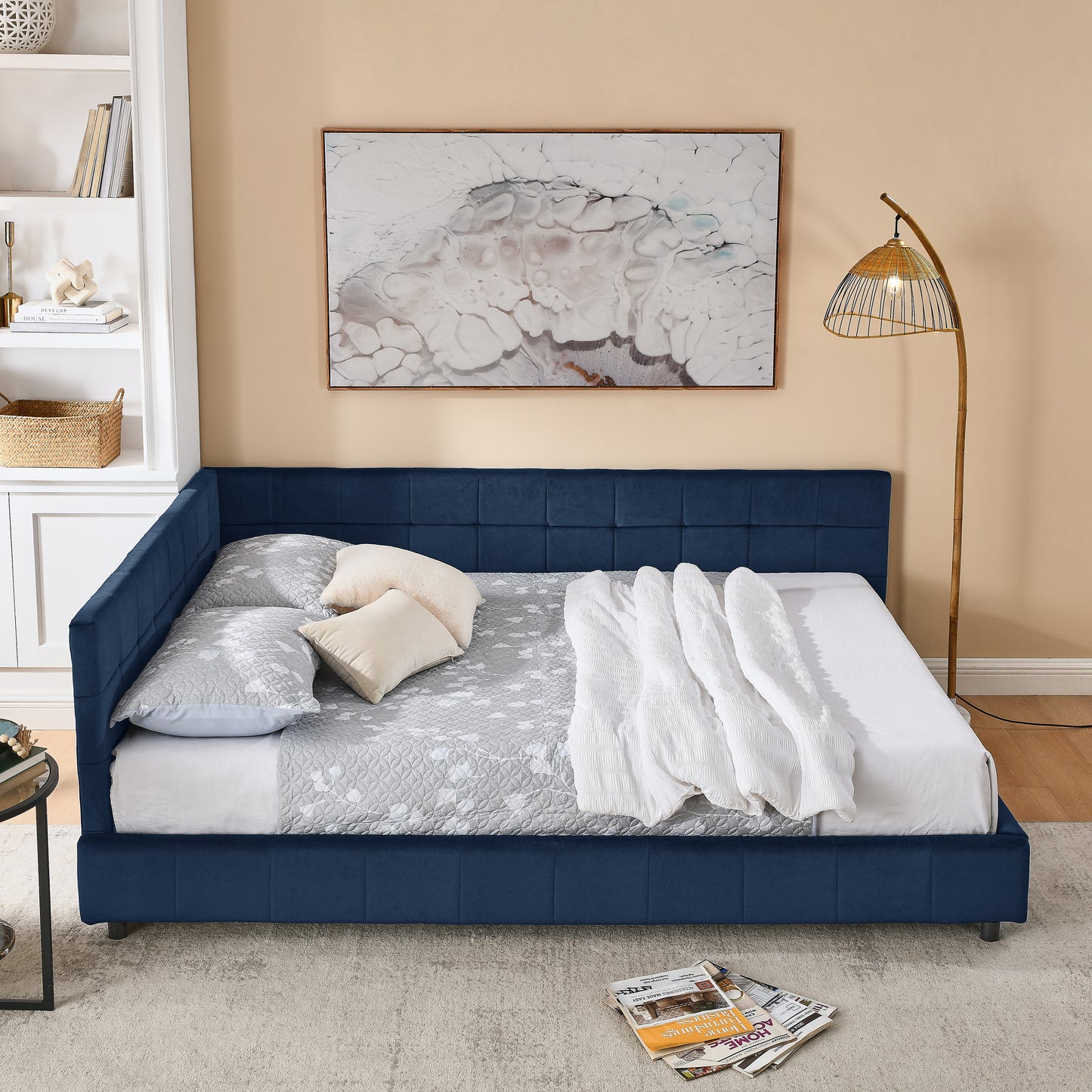 Queen Size Upholstered Tufted Bed Frame, Sofa Bed Frame with Comfortable Backrest and Armrests, Queen Size Bed for Bedroom, Living Room,Velvet, DARK BLUE(85.5''*64.5''*30.5'')