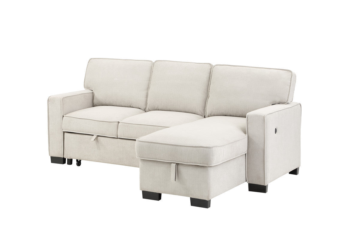 Estelle 86.5" Beige Fabric Reversible Sleeper Sectional with Storage Chaise Drop-Down Table 2 Cup Holders and 2USB Ports