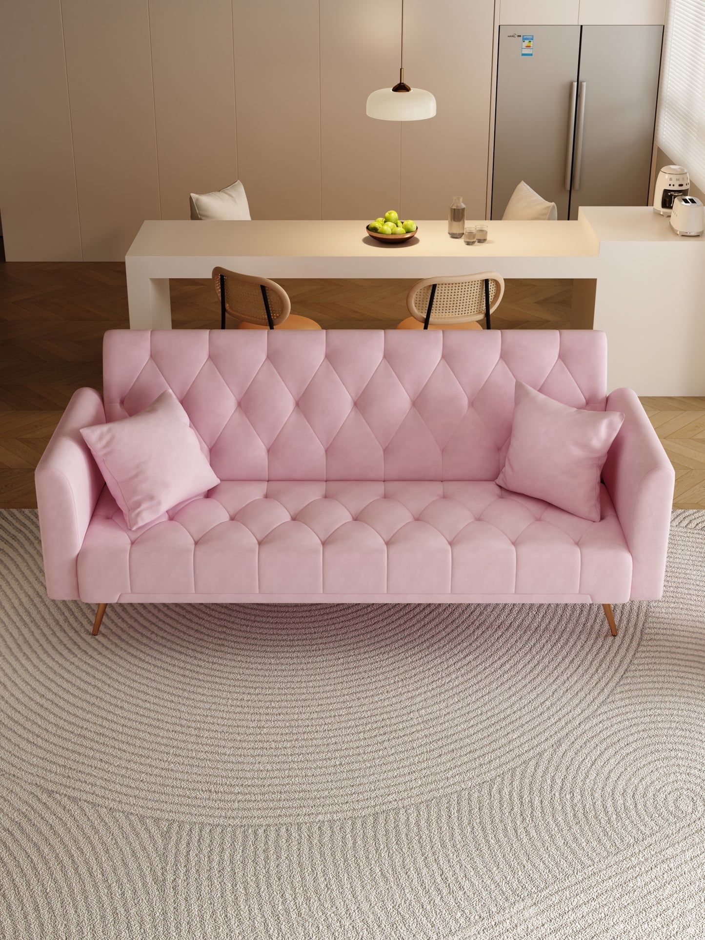 71 inch convertible love seat sofa, American retro pink velvet, suitable for small living room, bedroom, office