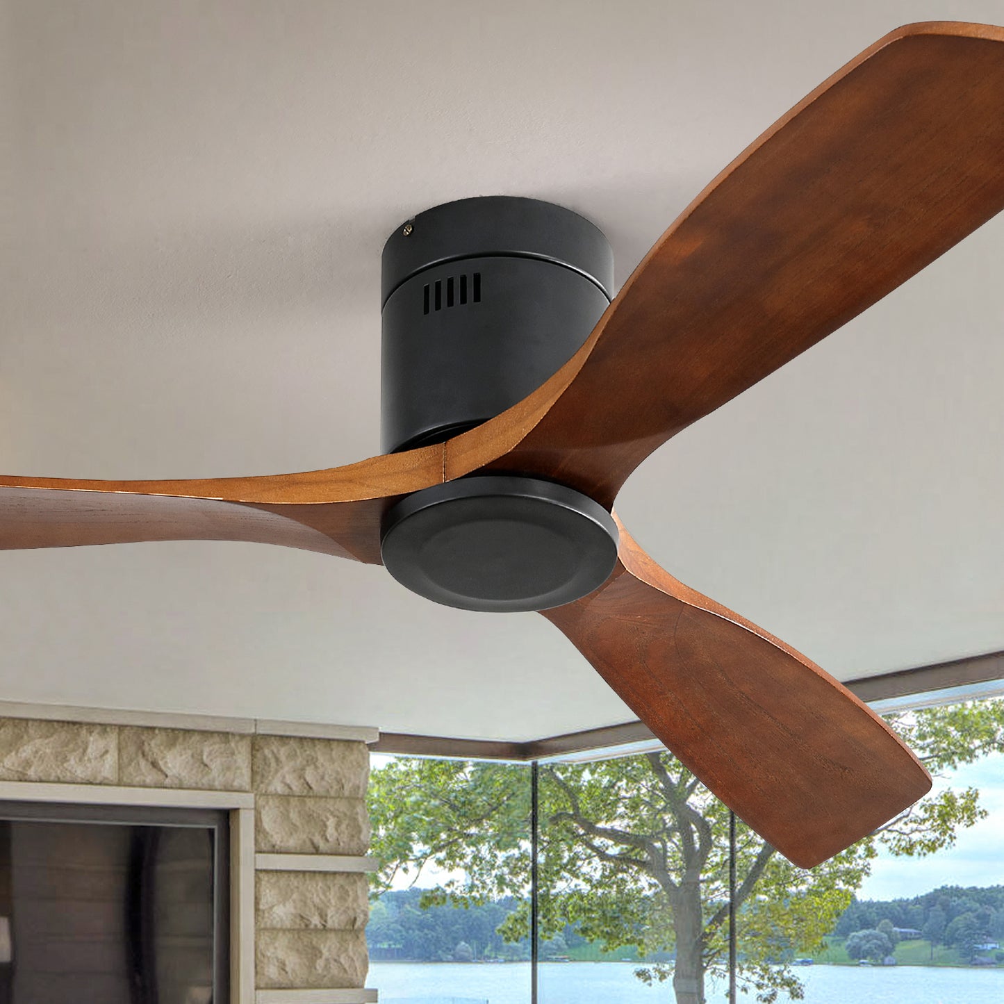 52 Inch Low Profile Ceiling Fan DC 3 Carved Wood Fan Blade Noiseless Reversible Motor Remote Control Without Light