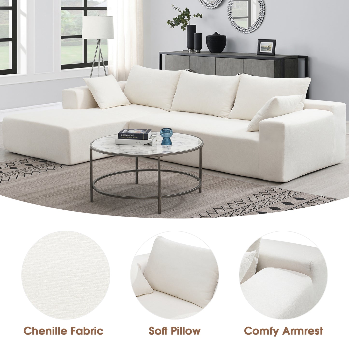 109*68" Modular Sectional Living Room Sofa Set, Modern Minimalist Style Couch, Upholstered Compressed Sofa for Living Room, Bedroom, Salon, 2 PC Free Combination, L-Shape, Cream