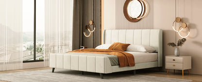 Queen Size Upholstered Platform Bed, Velvet, Beige