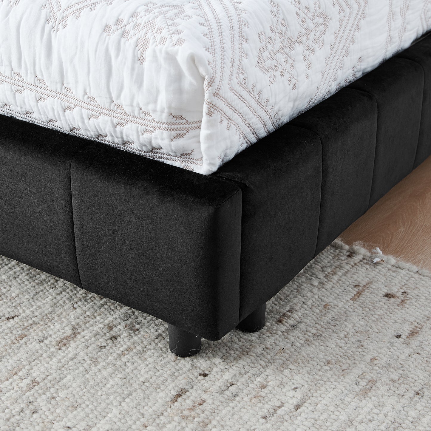 Queen Size Upholstered Tufted Bed Frame, Sofa Bed Frame with Comfortable Backrest and Armrests, Queen Size Bed for Bedroom, Living Room,Velvet, BLACK(85.5''*64.5''*30.5'')