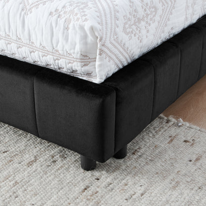 Queen Size Upholstered Tufted Bed Frame, Sofa Bed Frame with Comfortable Backrest and Armrests, Queen Size Bed for Bedroom, Living Room,Velvet, BLACK(85.5''*64.5''*30.5'')