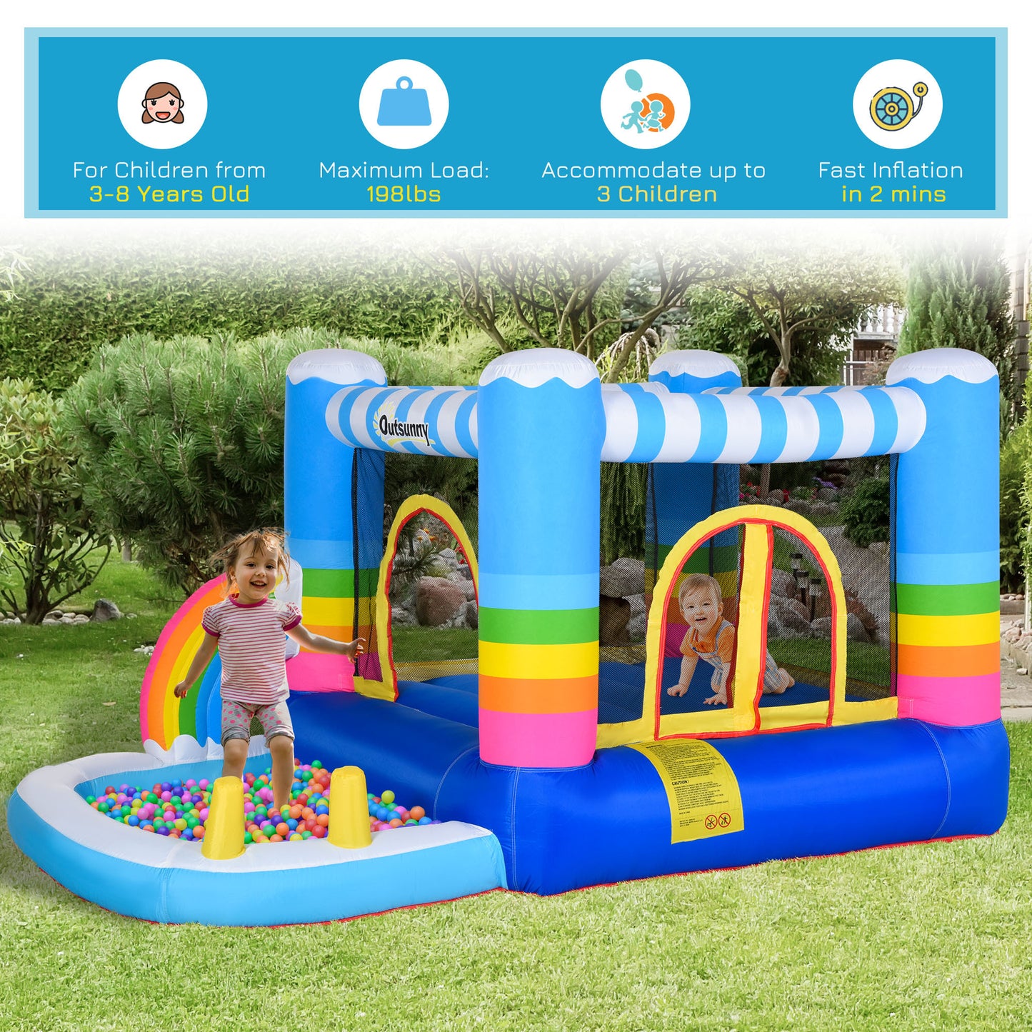 Outsunny Inflatable Bounce House for Kids 2-in-1 Jumping Castle for Indoor Outdoor Party with Trampoline, Pool, Carry Bag & Air Blower