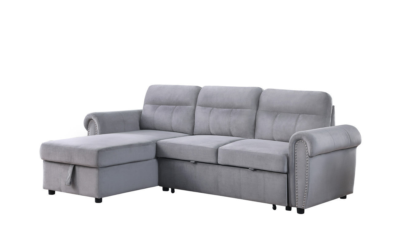 Ashton 96.5" Gray Velvet Fabric Reversible Sleeper Sectional Sofa Chaise