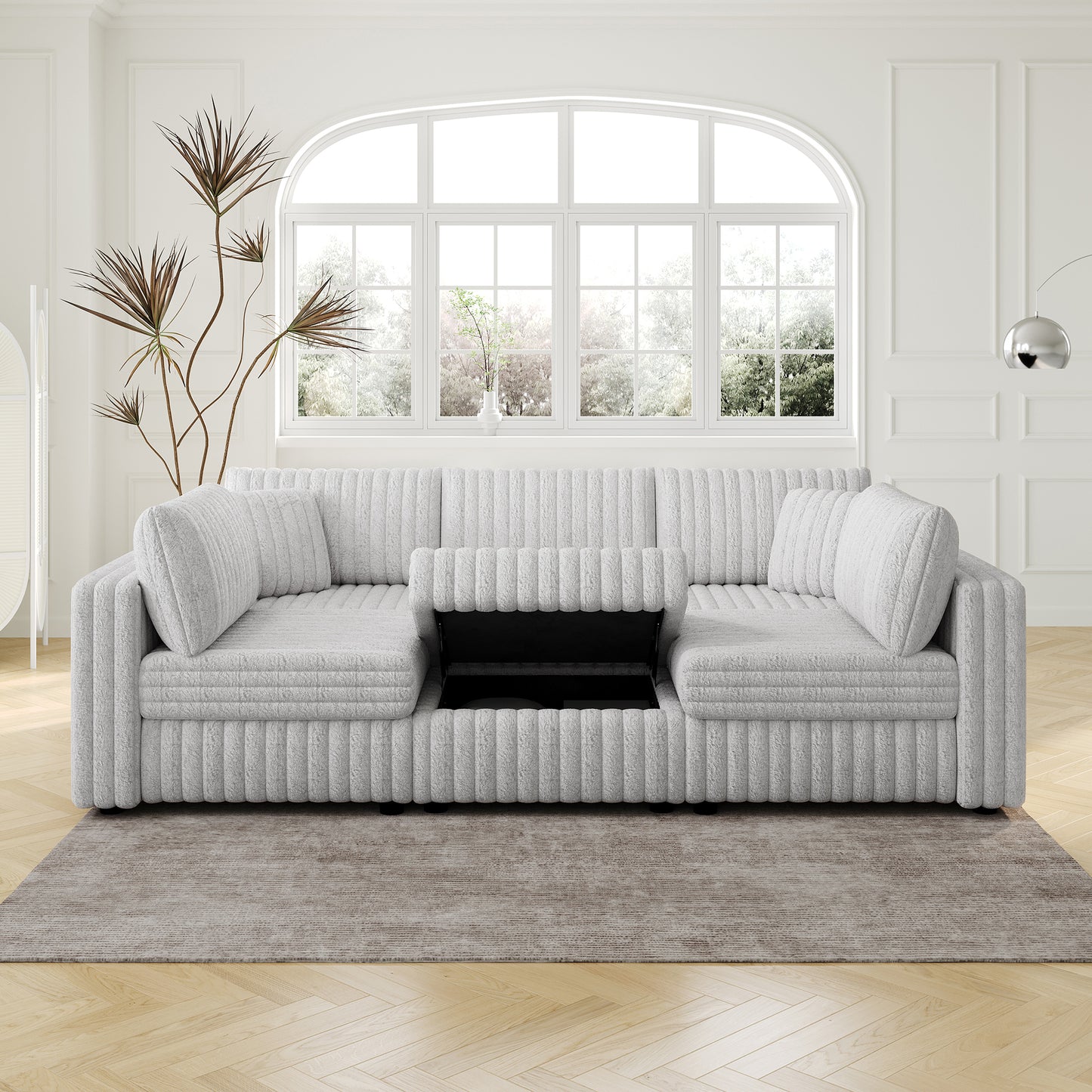 106.3" Soft  U-shaped 6-Person Sofa. Matches 30.7" Ottoman with Hydraulic Lift. Comfortable & Stylish. For Bedroom & Living Room. Light Gray. Modern Furniture. Modular Design.