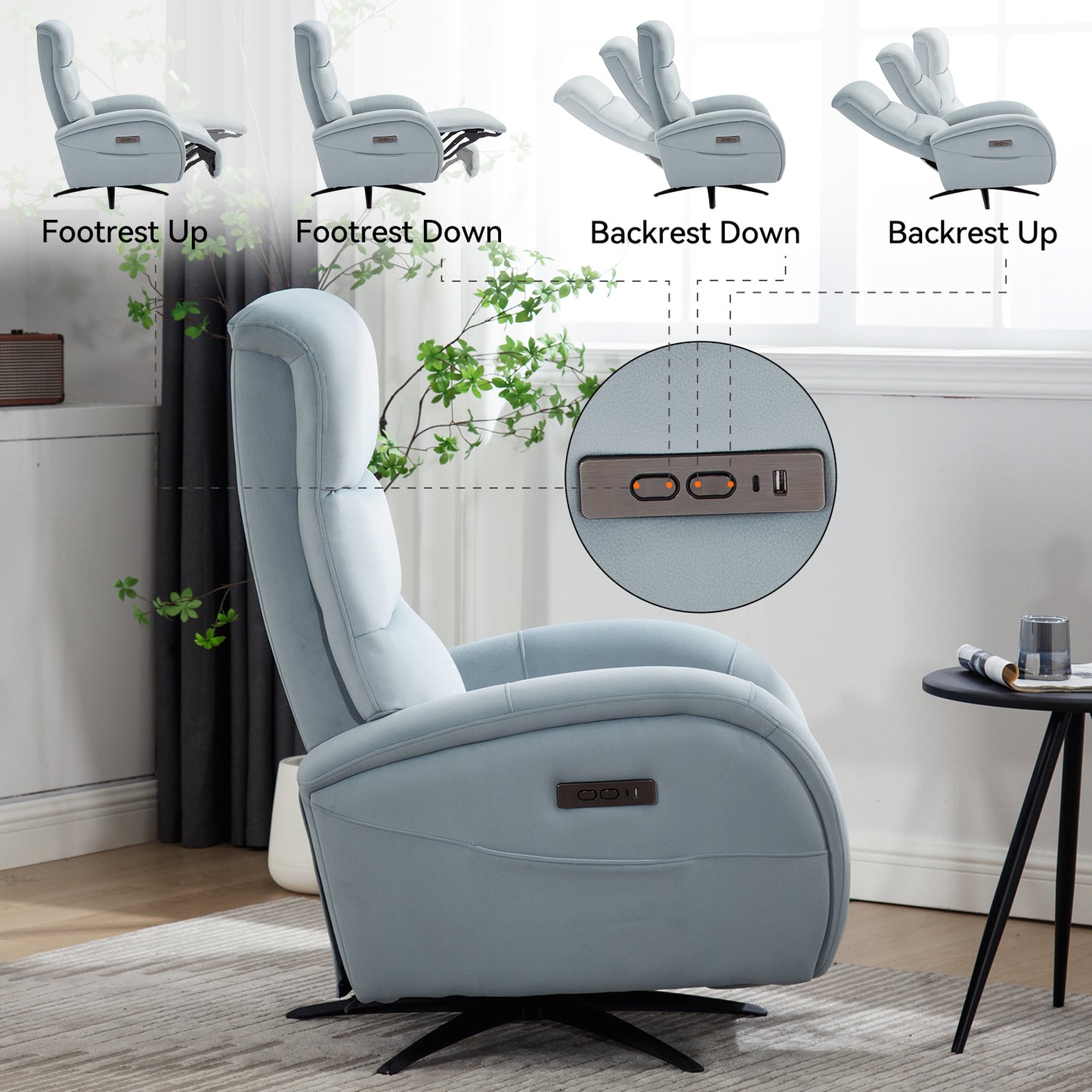 Blue Fabric Dual Motor 270° Swivel Power Recliner Chair With Heavy Duty Motion Mechanism, USB and Type-C Charging Ports.