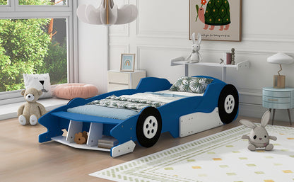 Twin Size Race Car-Shaped Platform Bed with Wheels,Blue