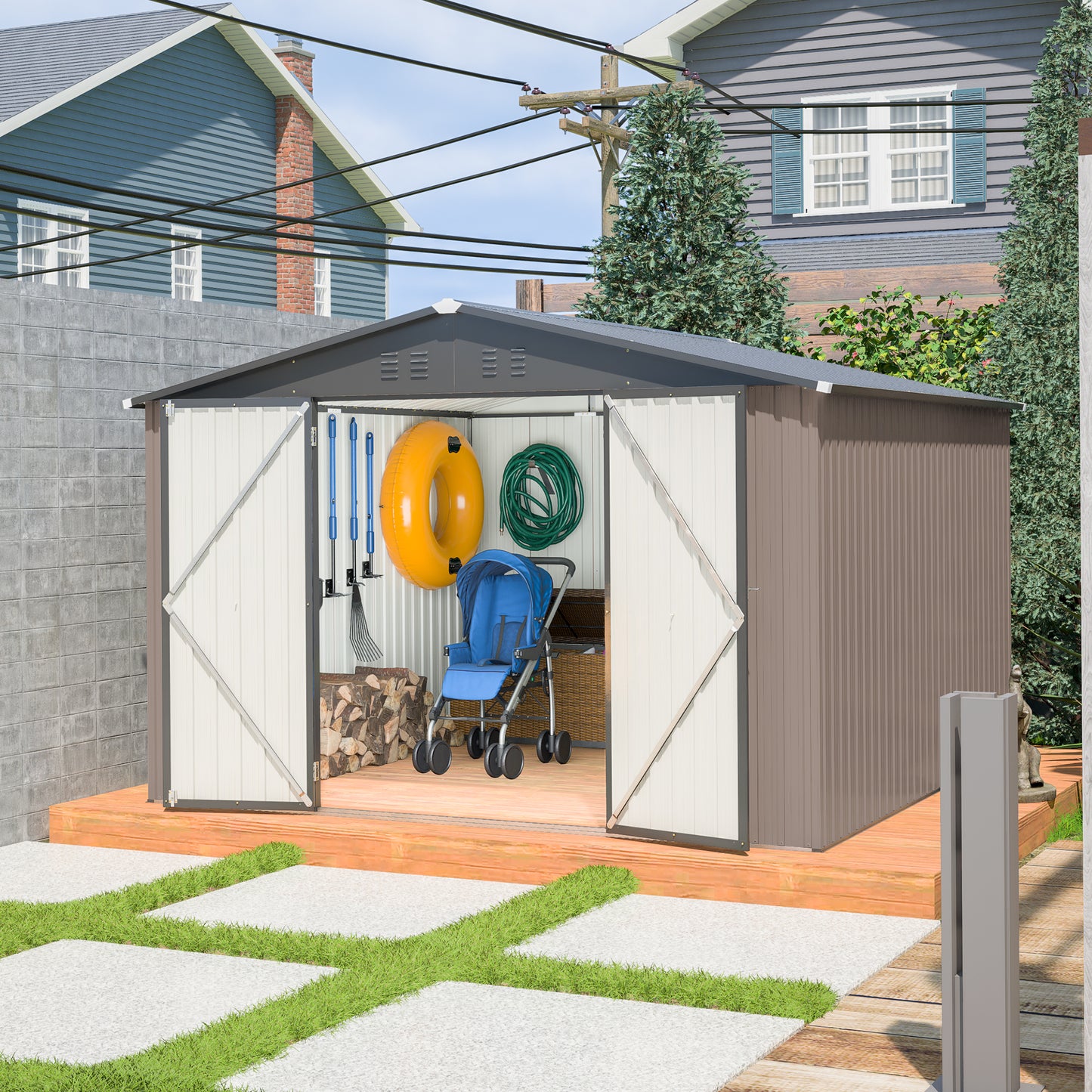 10' x 10' Metal Storage Shed for Ourdoor, Steel Yard Shed  with Design of Lockable Doors, Utility and Tool Storage for Garden, Backyard, Patio, Outside use