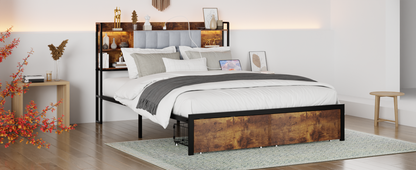 Queen Size Bed Frame with 2 Storage Drawers and LED Lights Headboard, Upholstered king Bed Frame with Charging Station, No Box Spring Needed, Easy Assembly