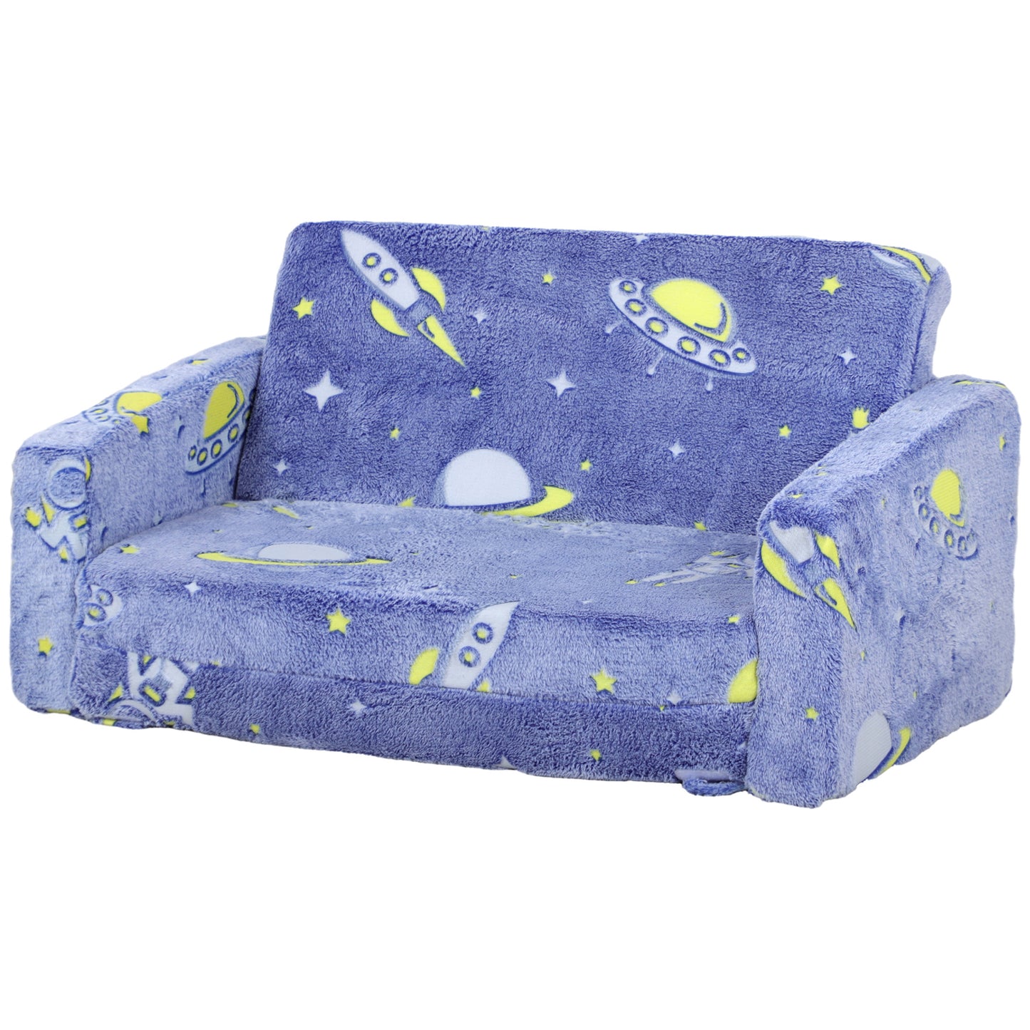 Qaba 2 in 1 Kids Sofa Chair, Toddler Couch with Glow in The Dark Cosmic Patten, Washable Cover, Fold Out Convertible Sofa to Lounger for Playroom Bedroom, Blue