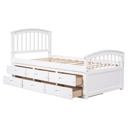 Twin Size Platform Storage Bed Solid Wood Bed with 6 Drawers,White