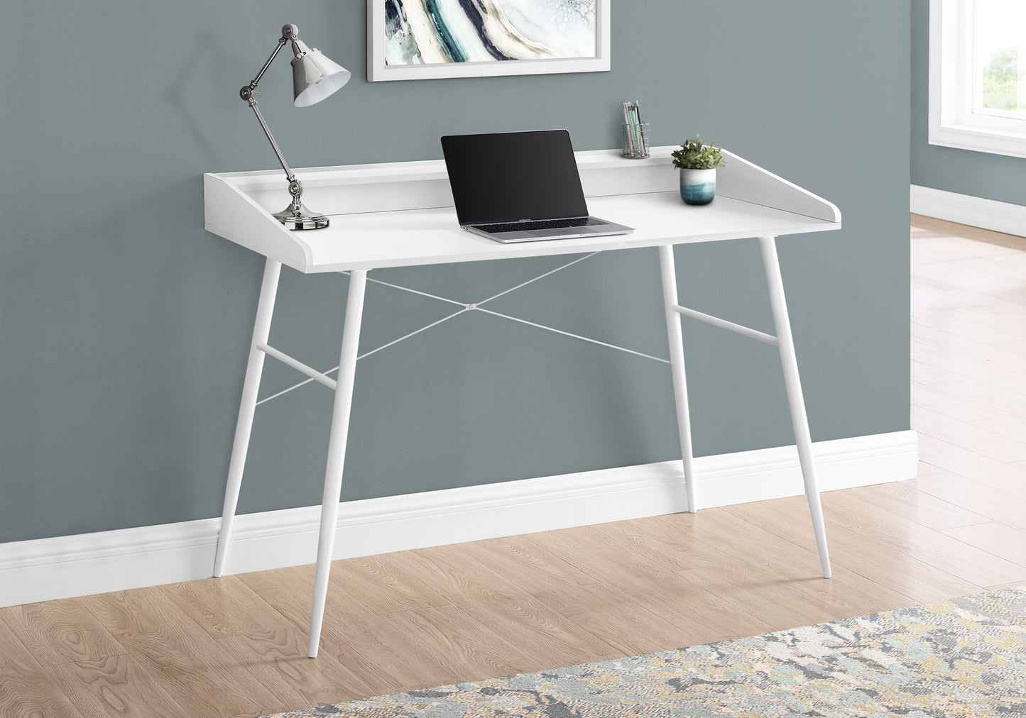 Computer Desk, Home Office, Laptop, Storage Shelves, 48"l, Work, White Laminate, White Metal, Contemporary, Modern