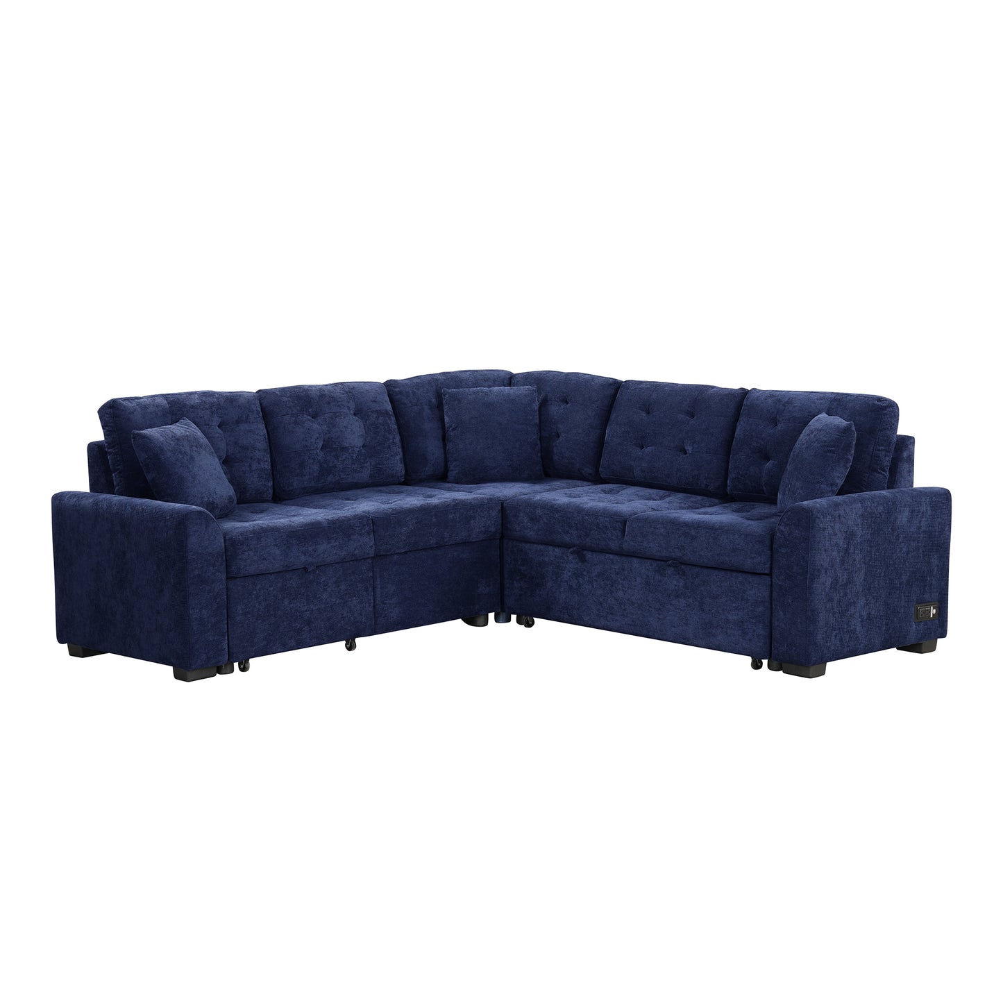 Navy Blue L-shape Sofa Bed with Pull-out Sleeper, USB Ports, Power Sockets, Corded Velveteen, 82.6'