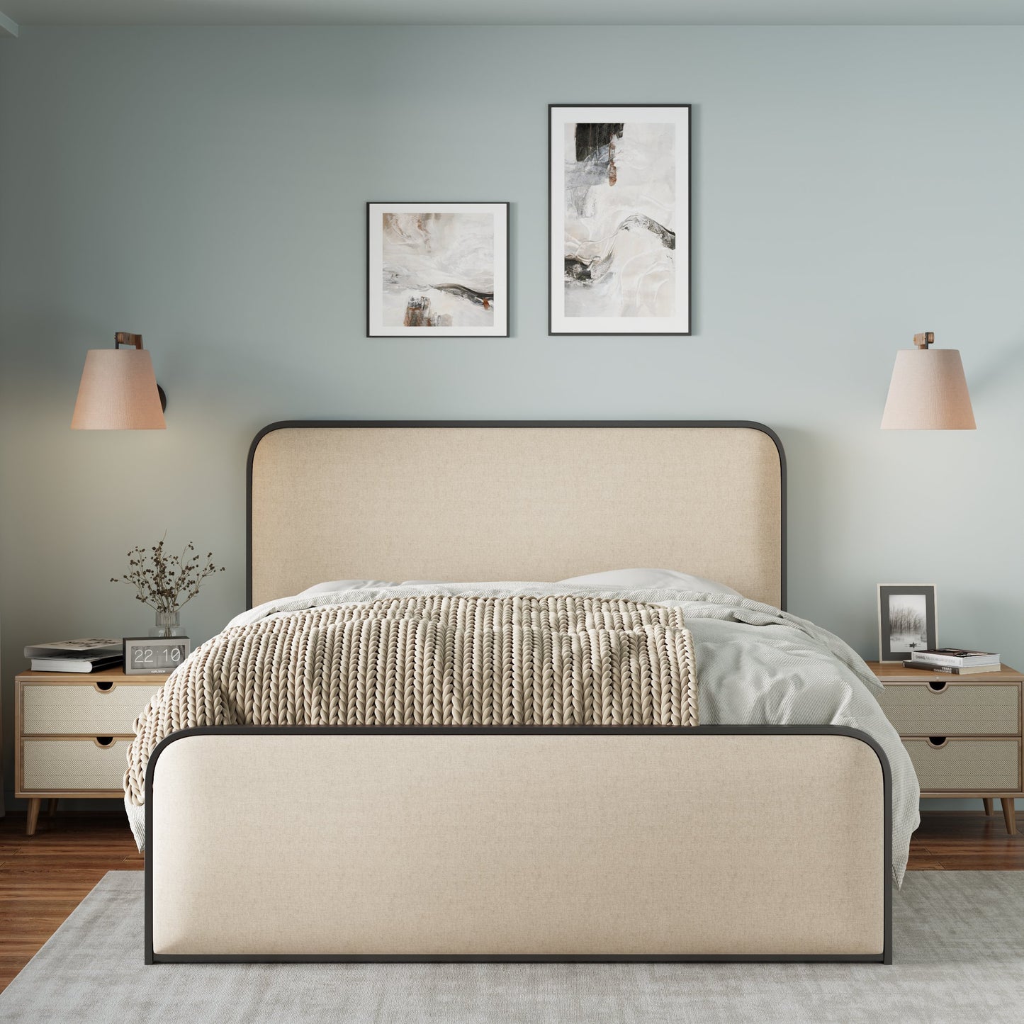 Modern Metal Bed Frame with Curved Upholstered Headboard and Footboard Bed with Under Bed Storage, Heavy Duty Metal Slats, King Size, Beige