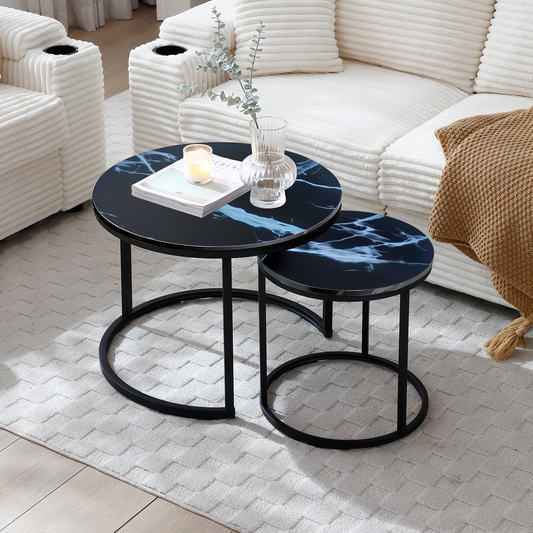 Set 2 Coffee Table Nesting Black top  Black Frame Circular Round and Marble Pattern Wooden Tables, Living Room Bedroom Apartment Modern Industrial Simple Nightstand
