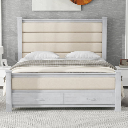 Queen Size Wood Frame Platform Bed with Upholstered Headboard, Footboard and 2 Drawers, Antique White