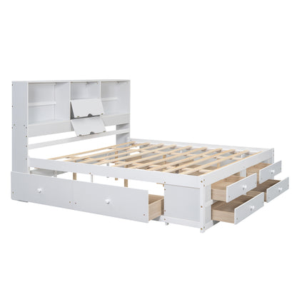 King Size Platform Bed with Storage Headboard and 8 Drawers, White