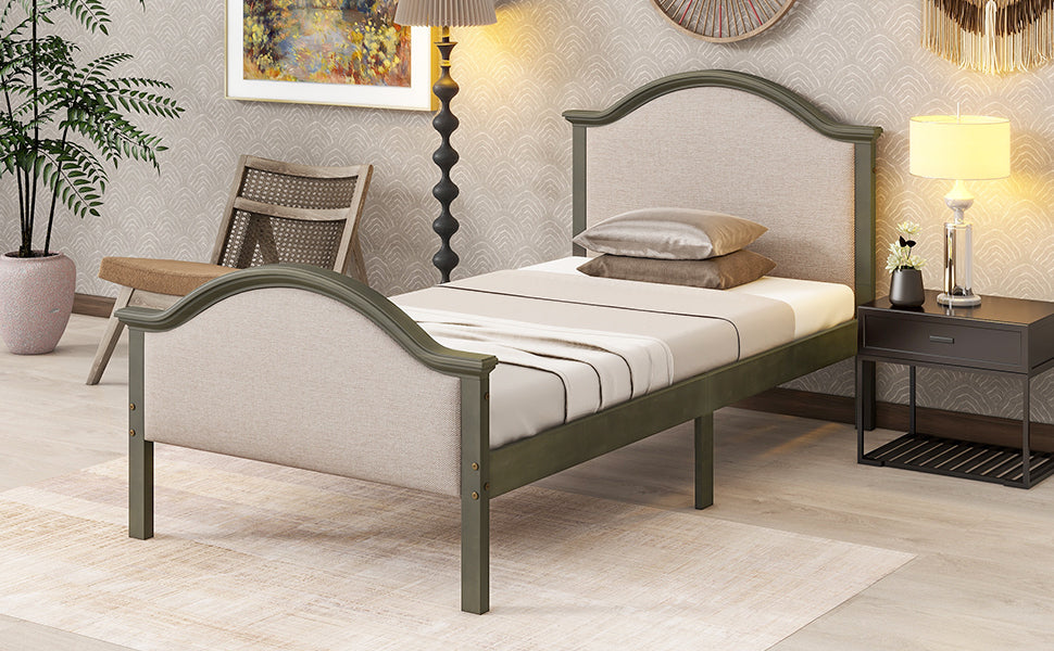 Twin Size Bed Frame with Headboard and Footboard, Upholstered Twin Platform Bed with Strong Wooden Slats Support,Grey