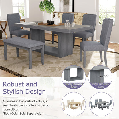 TOPMAX Contemporary 6-Piece 78inch Extendable Pedestal Dining Table Set with 18inch Removable Leaf and Dining Bench, 4 Upholstered Dining Chairs, Gray