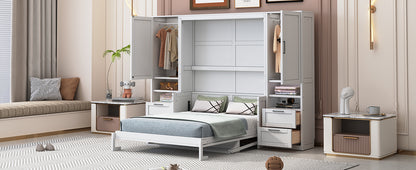 Queen Size Murphy Bed Wall Bed with Closet ,Drawers and Shelves,White