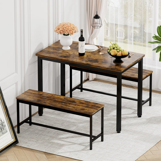 Dining Table Set, Bar Table with 2 Dining Benches, Kitchen Table Counter with Chairs, Industrial for Kitchen Breakfast Table, Living Room, Party Room, Rustic Brown and Black,43.3″L x23.6″W x 29.9″H