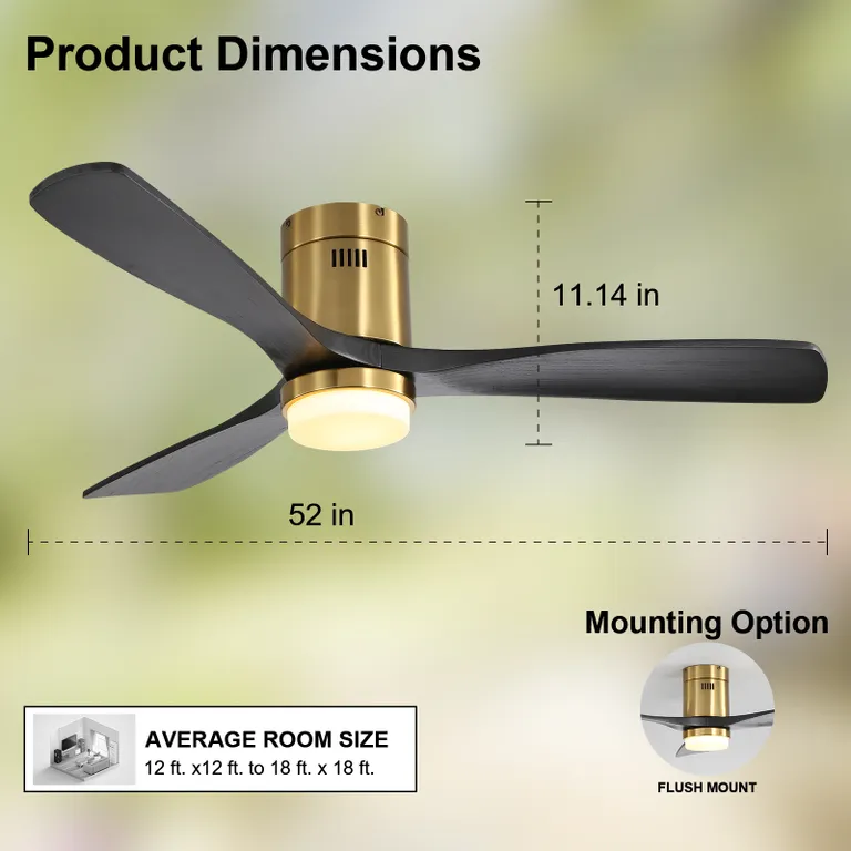 52 Inch Low Profile Ceiling Fan with Remote Control 3 Solid Wood Blades,52 Inches Suitable for Indoor and Outdoor