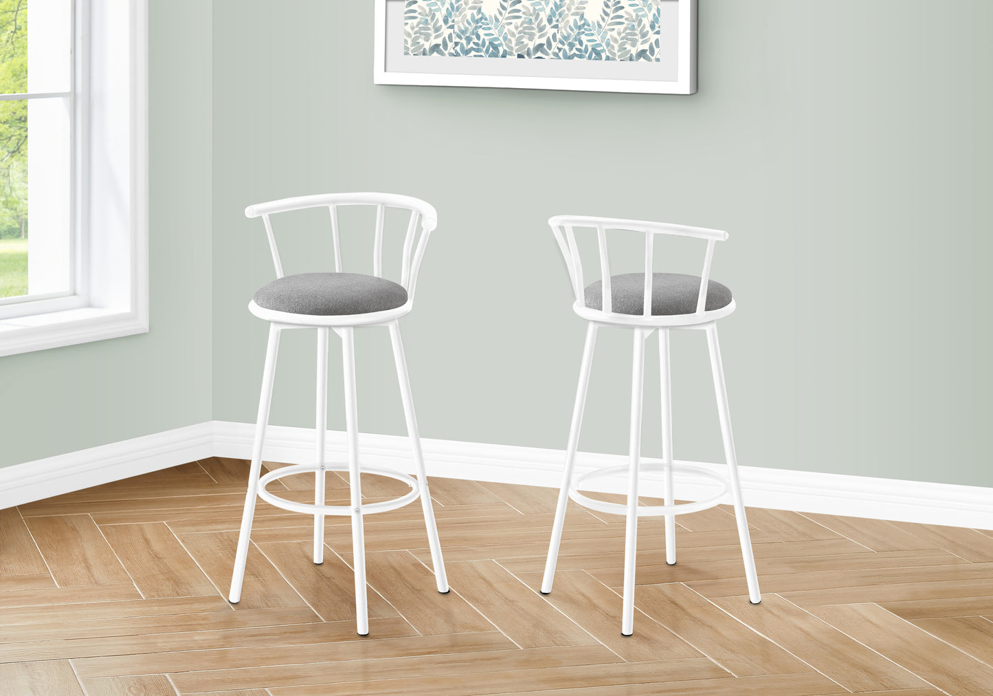 Barstool, Set Of 2, Swivel, Bar Height, White Metal, Grey Fabric, Contemporary, Modern