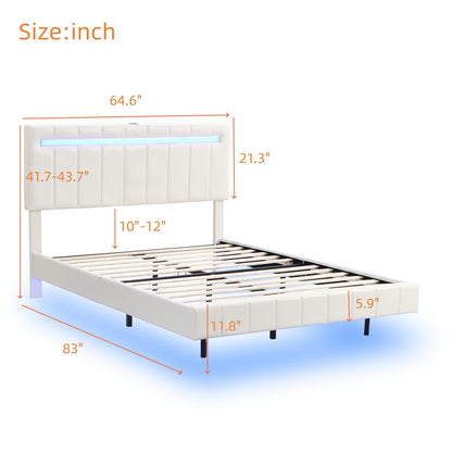 Queen Size Floating Bed Frame with LED Lights and USB Charging,Modern Upholstered Platform LED Bed Frame, White