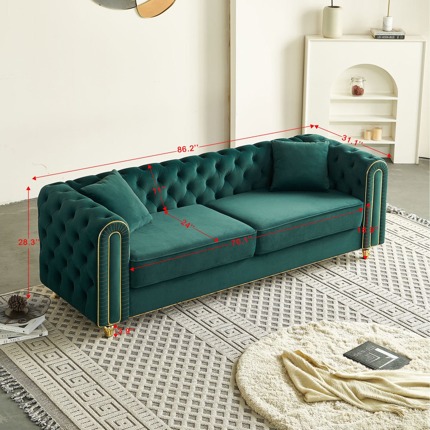 86'' W Luxury Modern Tufted Sofa with 2pcs of toss pillows for Living Room ,Bedroom,Green Color