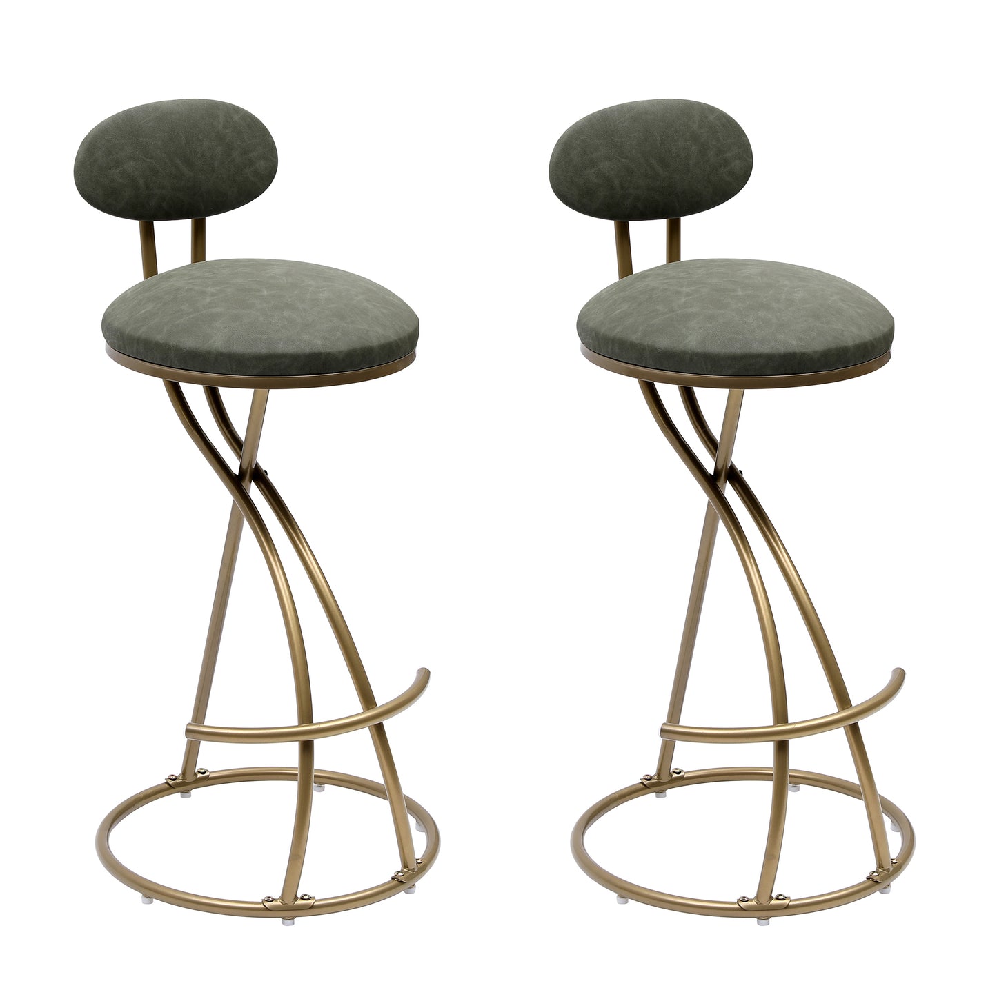 Round Bar Stool Upholstered Dining Stools for Kitchen Counter Set of 2 Modern Dining Chairs with Backrest & Footrest  (Gold & Green)