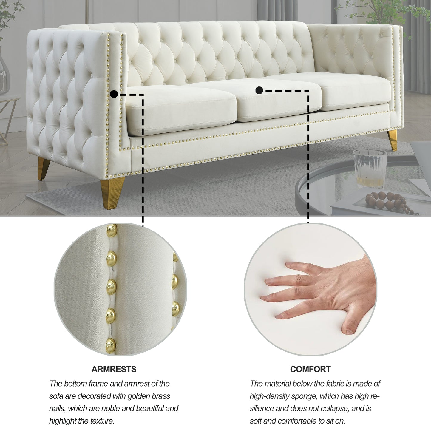 Velvet Sofa for Living Room,Buttons Tufted Square Arm Couch, Modern Couch Upholstered Button and Metal Legs, Sofa Couch for Bedroom, Beige Velvet ,2PCS