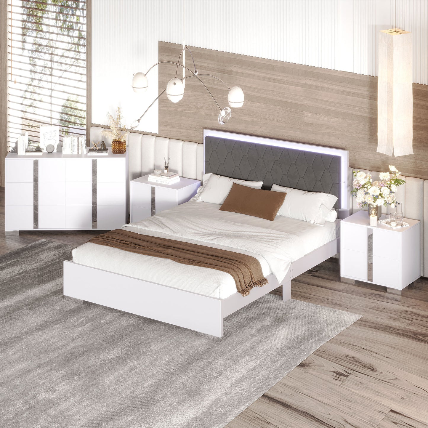 4-Pieces Bedroom Sets Queen Size Upholstered Bed with LED Lights, Mirrored Nightstands and Dresser with Metal Handles and Legs,White